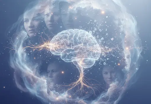 Abstraktes Bild eines leuchtenden Gehirns, umgeben von verschwimmenden, teilweise aufgel&ouml;sten Gesichtern; die sanften Nebelstrukturen und br&ouml;ckelnden Partikel symbolisieren den Erinnerungsverlust und die ged&auml;mpfte Wahrnehmung bei Demenz.