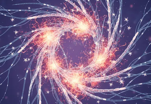 Symbolische Darstellung von Multipler Sklerose Abstrakte Darstellung von Nervenfasern mit leuchtenden Entzündungsherden; die wirbelartige Anordnung der Fasern und die hervorgehobenen Schadensbereiche symbolisieren die gestörte Signalübertragung bei Multipler Sklerose.