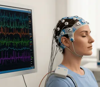 Eine Patientin sitzt mit EEG-Elektroden auf dem Kopf im Neurologiezentrum Hamburg, w&auml;hrend auf einem Monitor farbige Gehirnstr&ouml;me angezeigt werden.